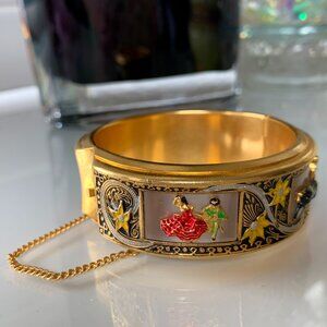 💃 Vintage Damascene Flamenco & Bullfighter Scene Bracelet – Hinged, Gold Tone